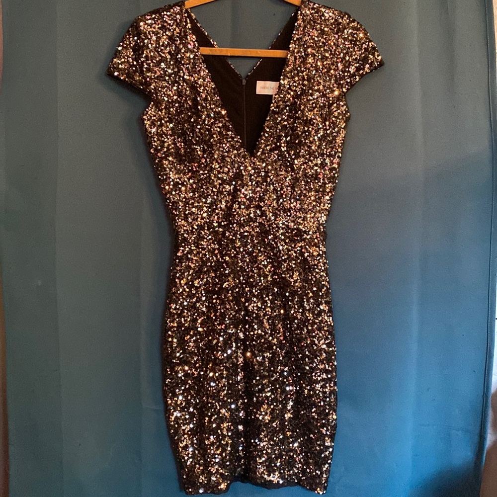 Dress the Population Zoe Black & Silver Sequin Cap Sleeve Bodycon Dress